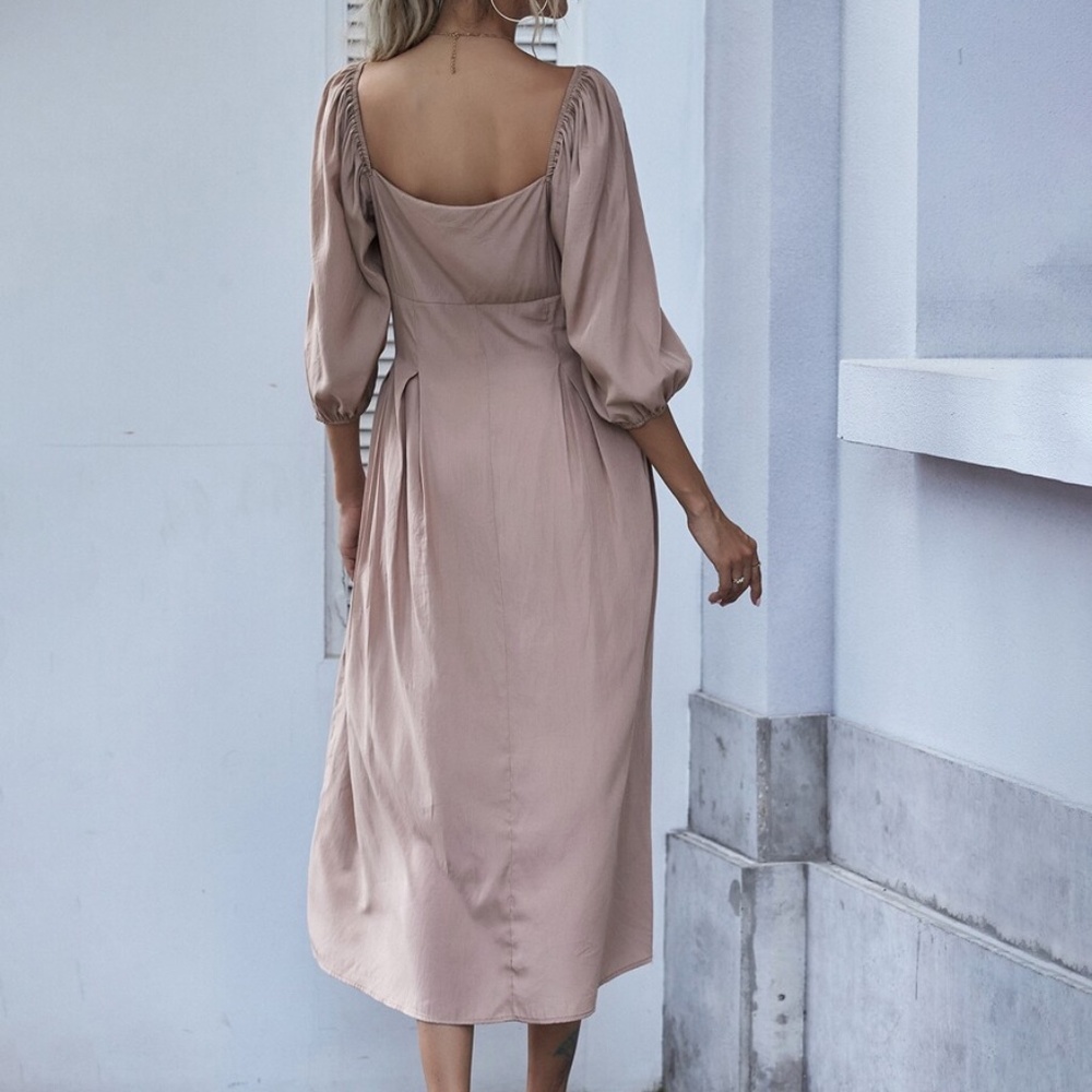 Khaki Sweetheart neck short sleeve midi dress - Picture 12 of 13